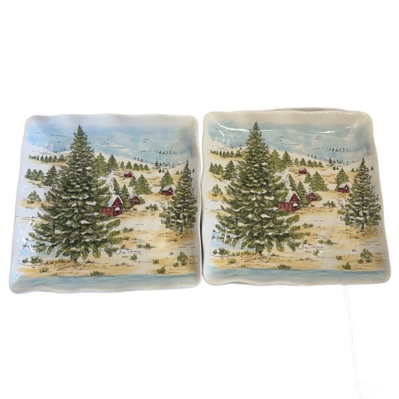 Maxcera SNOWVILLE Square Dinner Plate Winter Snowy Forest House Evergreen Set 2 - Picture 1 of 16